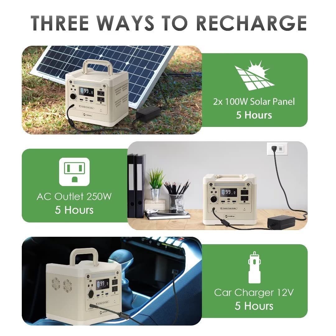 RAINBOW Portable Power Station 320W, 298Wh Backup LiFePO4 Battery, 2 x 110V/320W(Peak 640W) AC Outlets, Solar Generator for Outdoor Camping, Quick Charge for Home, Hiking
