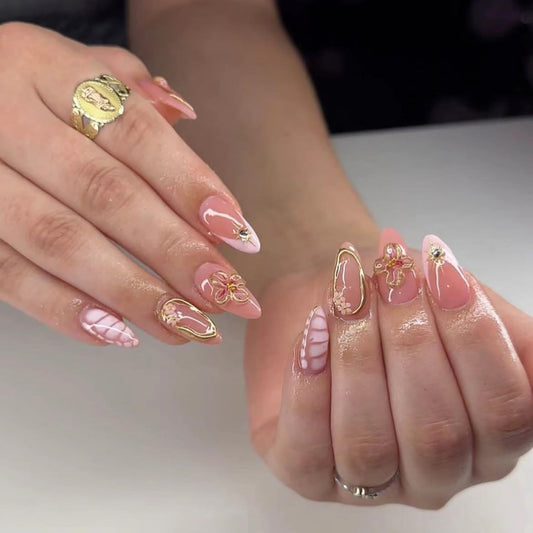 CJDLTS Flower 3D Pink Press on Nails Medium Almond Shaped French Tip False Nails Gold Lines Crocodile Pattern Design Full Cover Artificial Acrylic Nail Reusable Glue on Nails for Women 24Pcs