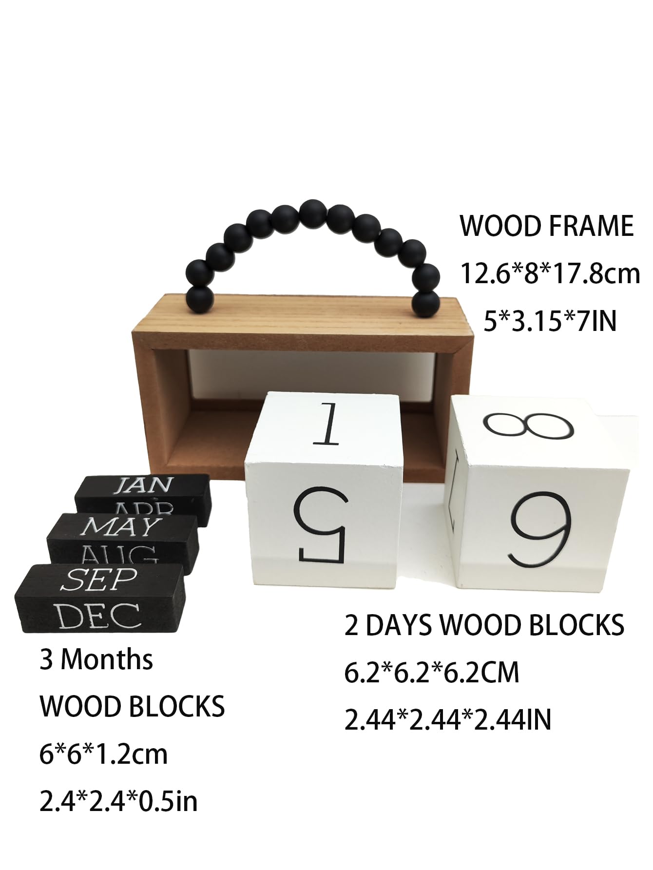 Wooden Perpetual Calendar for Desk, Metal Wood Month Date Display for Teachers, Students, Classroom, Rustic Farmhouse Office Decor, Desk Accessories (Black wood beads)