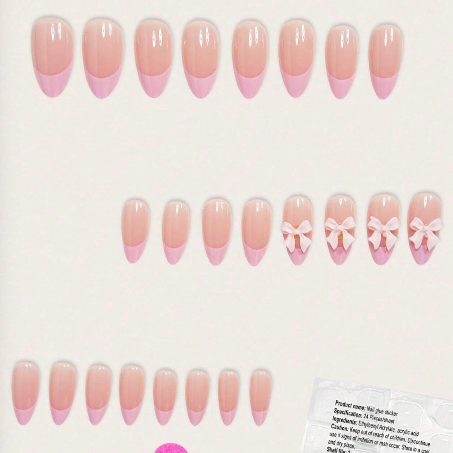 24Pcs French Tip Press on Nails Fake Nails with Pink Bow Design Gloss Short Almond-Shaped False Nails Cute Bow Press ons Stick on Nails Acrylic Artificial Fingernails for Women Girls