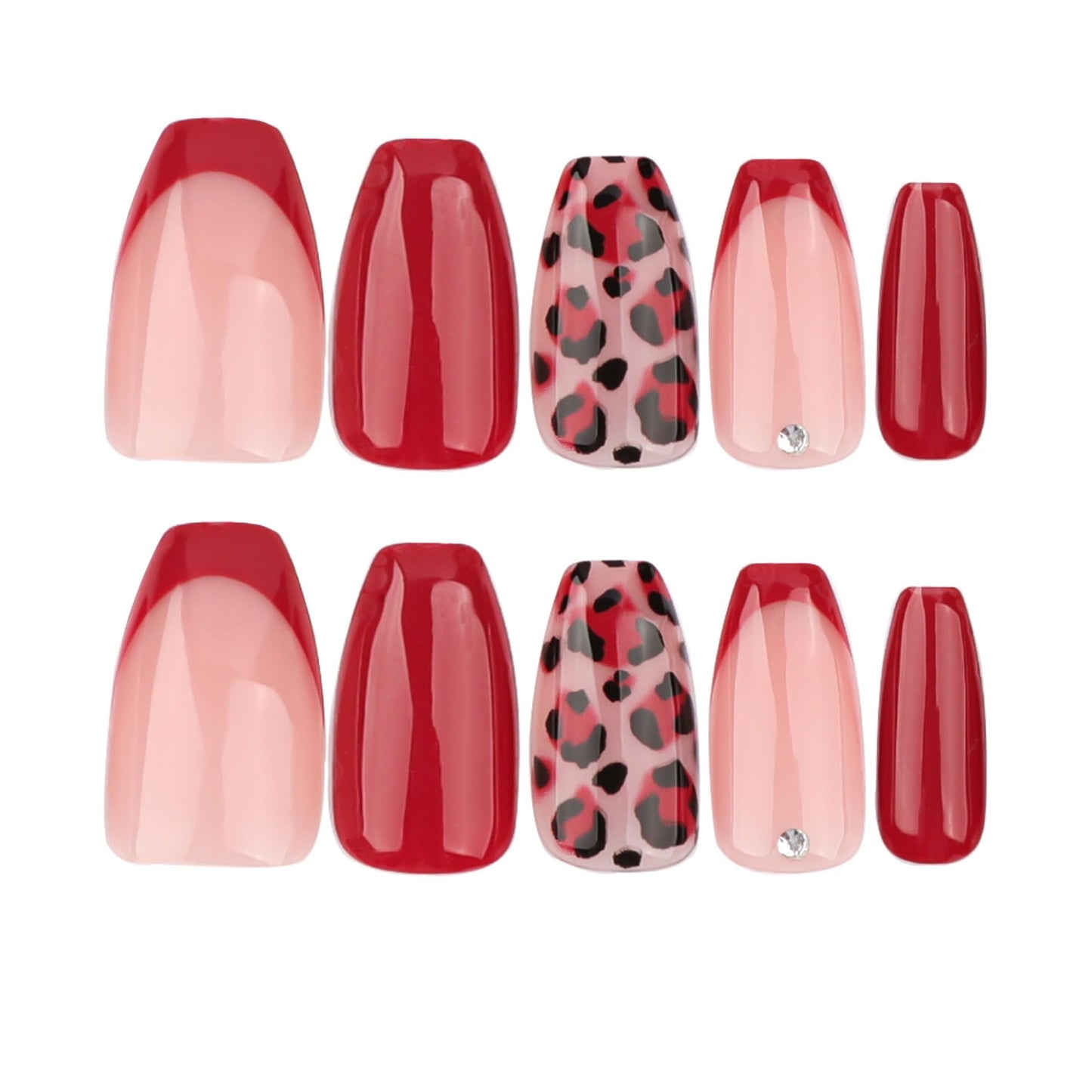 Red Press On Medium Coffin French Tip Leopard Print Glue Solid Color Acrylic Glossy Full Cover Stick On Nails 24Pcs