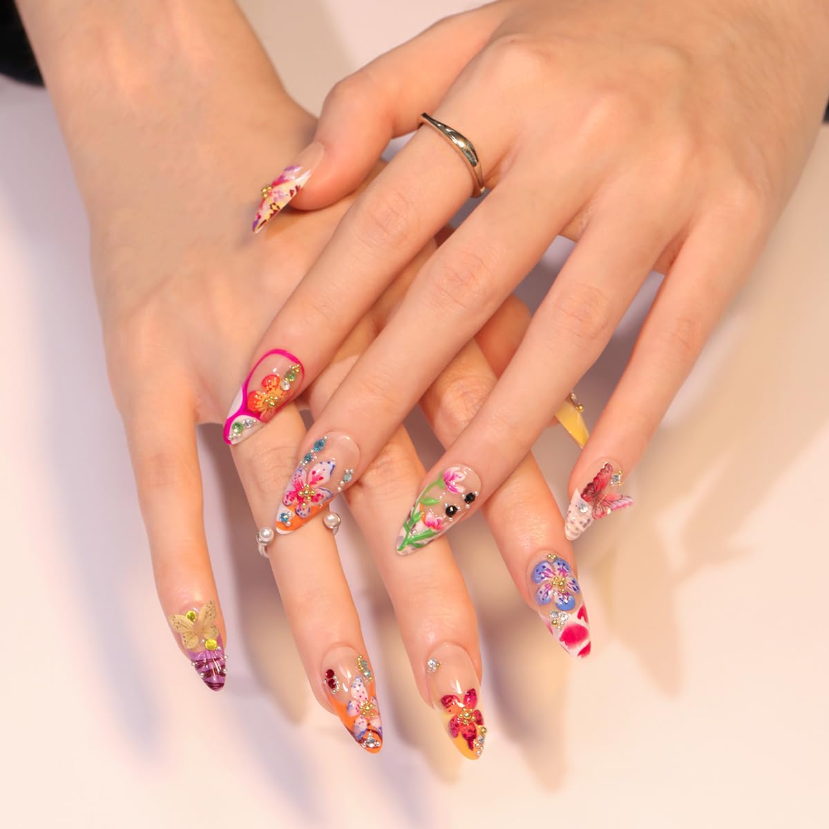 Flower Press on Nails Long Almond Fake Nails 3D Floral Colorful Butterfly Rhinestone Design French Tip False Nail Spring Summer Stick on Nails Acrylic Glue on Nail Art DIY Manicure Supplies