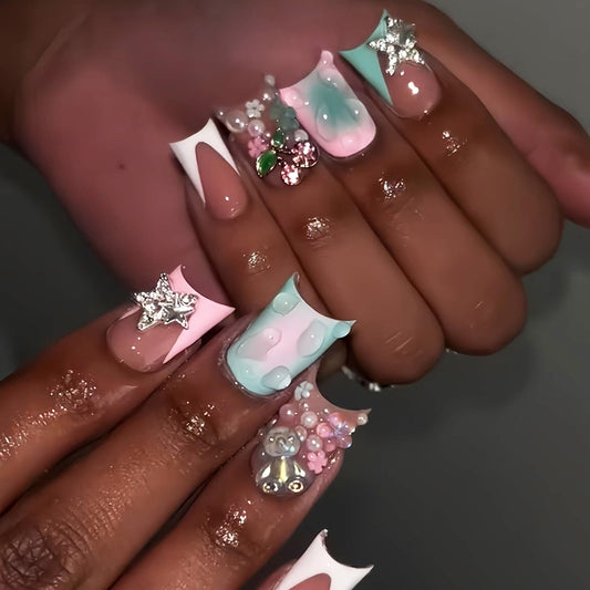 IMRAIN Duck Press on Nails - Rhinestone, Cute Bear, Star | Medium Blue Pink Ombre Fake Nails with Duckbill Designs Full Cover Acrylic False Nails Y2K Duck Feet Glossy Glue on Nails