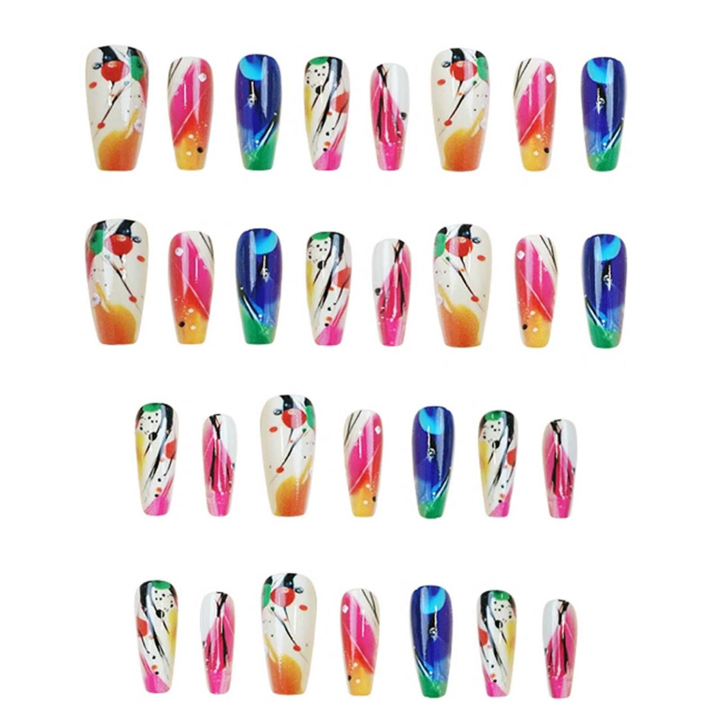 Gifiky Long Coffin False Nails Colorful Graffiti Press on Nails Cute Gradient Nails Tips Acrylic Full Cover Fake Nails for Women and Girls 24Pcs