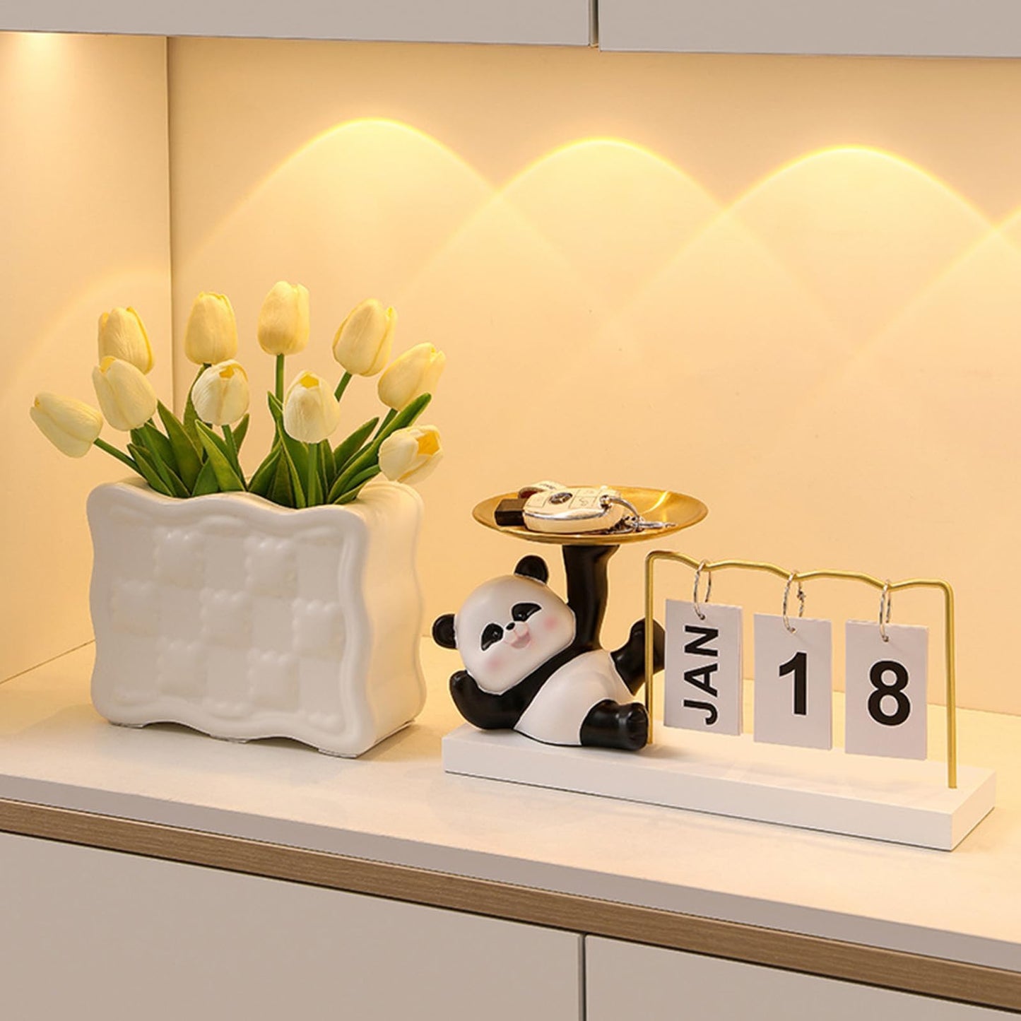 Cute Panda Metal Flip Calendar with Wooden Base,Daily Perpetual Desk Calendar with Organizer Tray,Reusable Modern Desktop Calendar for Home Office Desk Decor