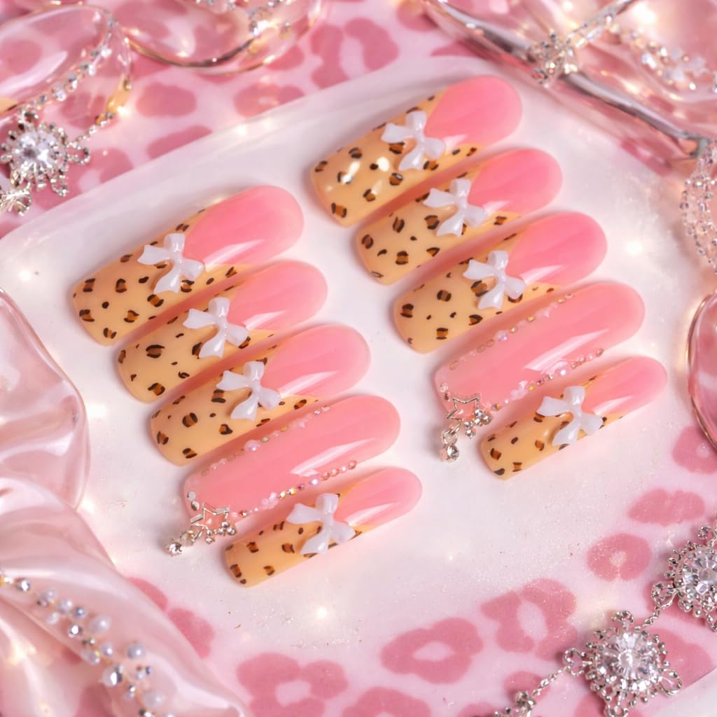IntoVibes 10 Pieces Handmade Luxury Long Press On Nails With Curved Design, Bowknot And Leopard Prints, Pink Thickened False Nails, Reusable Fake Nails, Square Acrylic Nails (S)