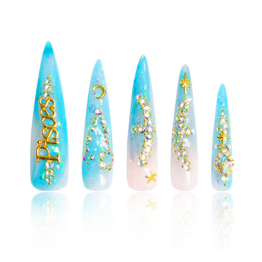 LOVFUL Press on Nails Pisces Blue French Tip | Handmade with Full Covered Crystals | Reusable Full Cover Nails | Stiletto Long 2.2 in | H157-M