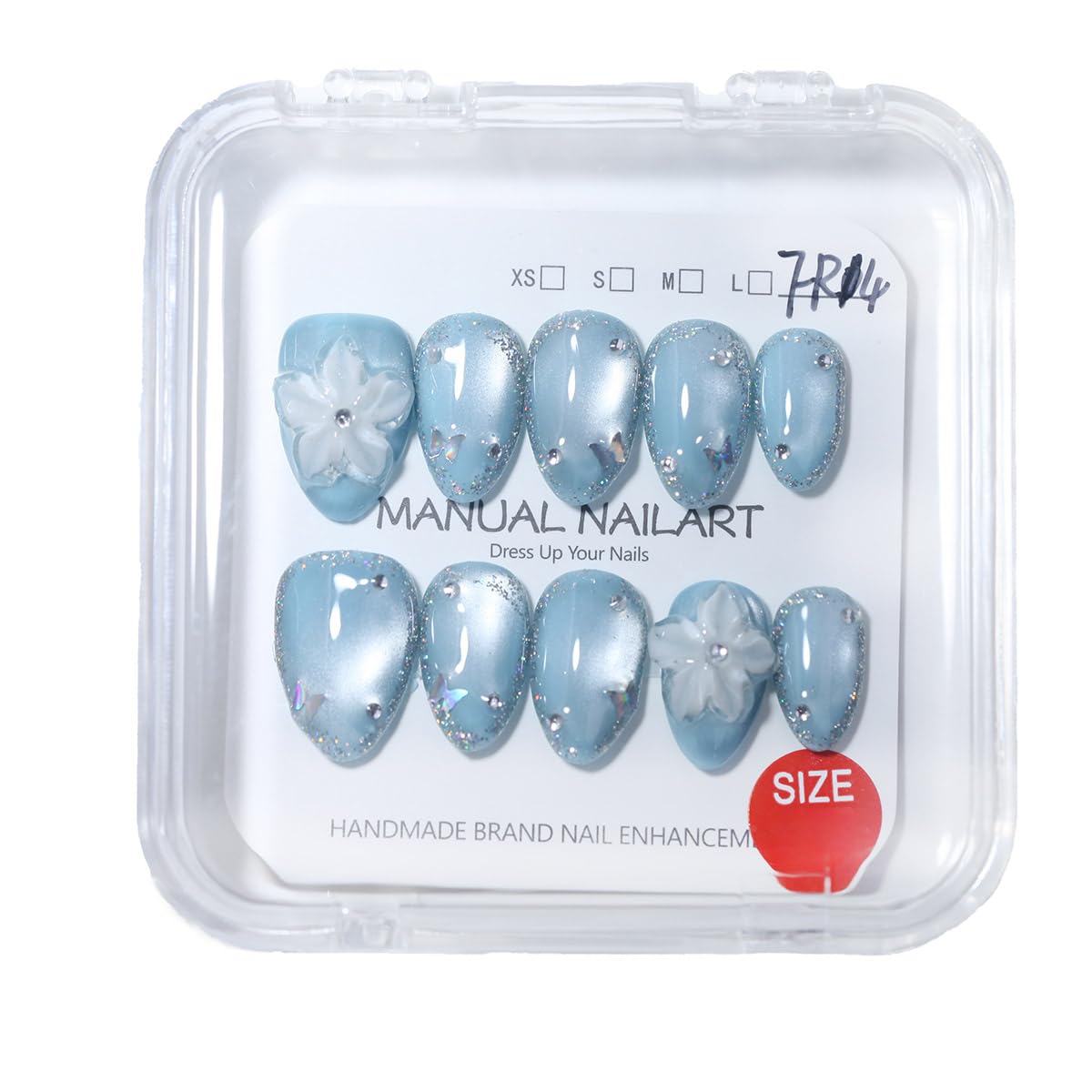 10 Pcs Short Almond Handmade Press On Nails | Sky Blue Cat Eye with 3D Floral & Rhinestone Accents | Reusable, Easy to Apply & Remove, Salon-Quality Manicure (RR16, S)