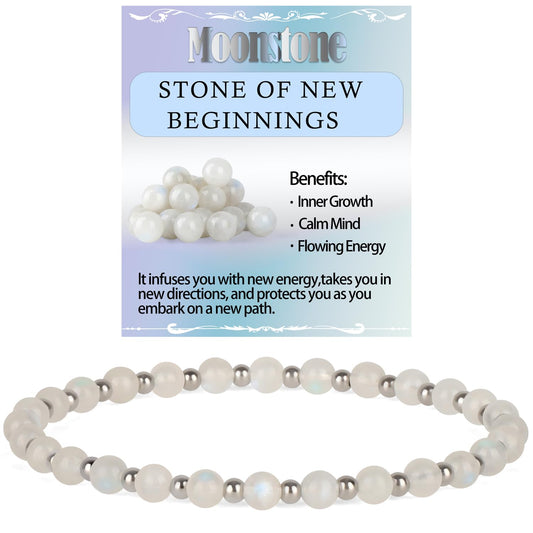 QOGIR Moonstone - New Beginnings - Stainless Silver Beads Natural Gemstone Stretch Elastic Dainty Healing Beaded Bracelets Gifts 4mm