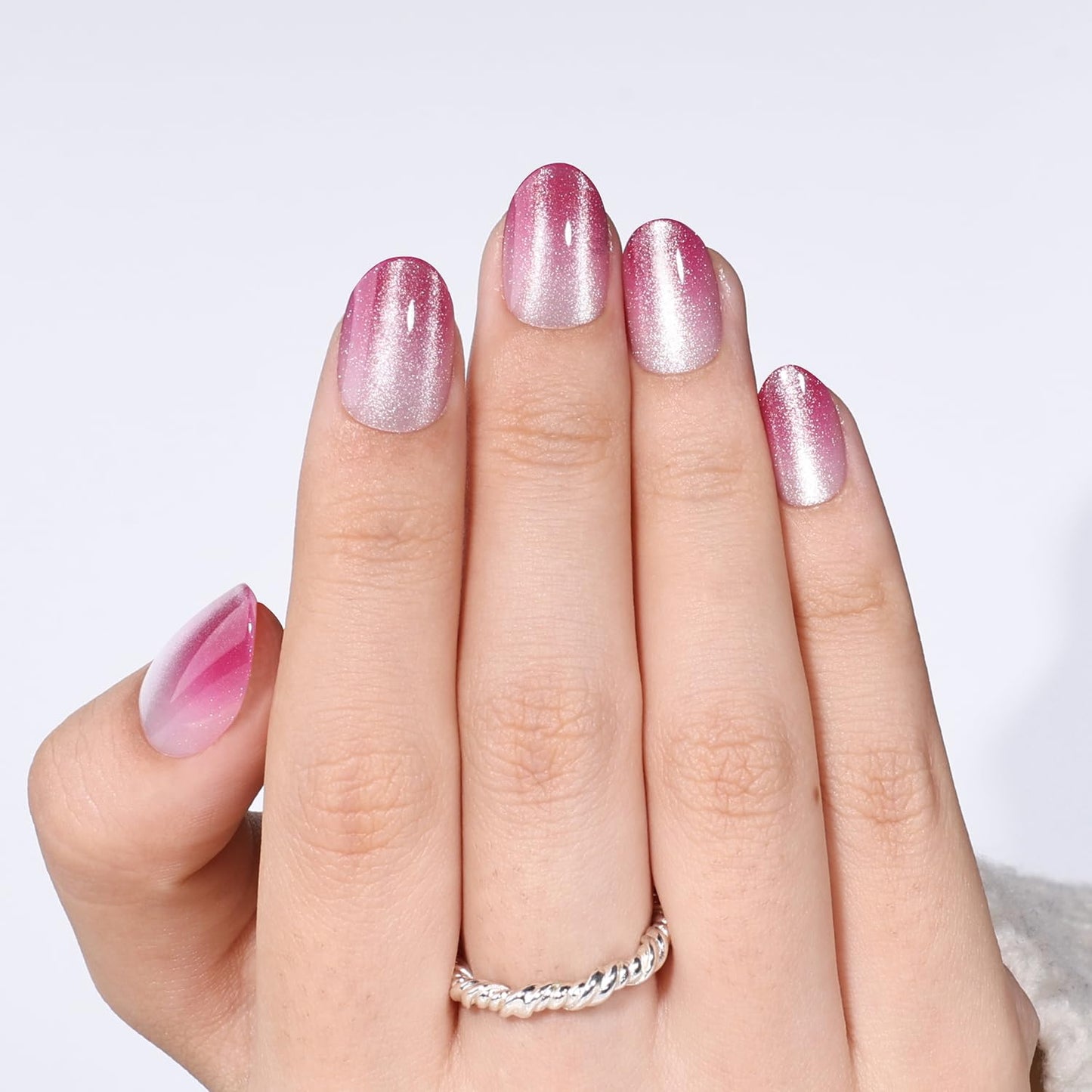 Pink Cat Eye Press On Nails Oval - Ombre Pink Short Oval Fake Nails, Red Cateye Press On Nails Reusable Stick On Nails in 16 Sizes, 32pcs False Nail Kit for Women & Girls (Fading Bloom)