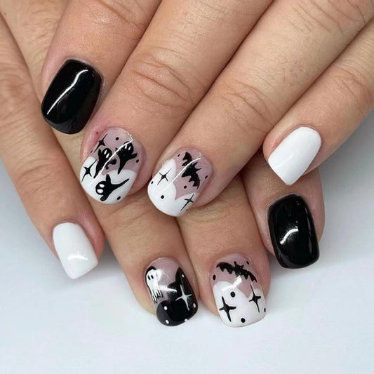 Halloween Press on Nails Short Square Fake Nails Ghost Bat False Nails White Black Design Stick on Nails Artificial Handmade Full Cover Acrylic Glue on Nail for Women Nail Art Decoration 24Pcs