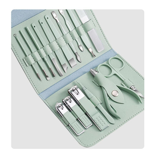 16pcs Manicure Set With PU Leather Case Nail Clippers Kit Pedicure Care Tools Nail Care Scissors Clippers Trimmer Nail Art Tools,New Green