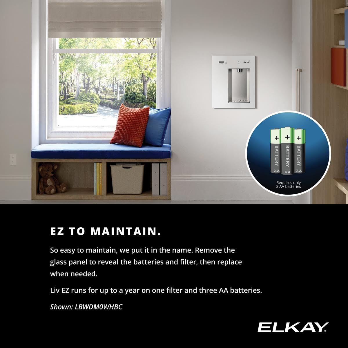 Elkay Liv EZ Built-in Filtered Wall-Mount Water Dispenser – Battery Powered, NSF Certified, Push Button, Reduces Lead & PFAS, Aspen White – Ideal for Home