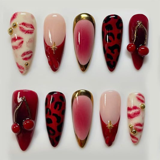 30Pcs Valentines Press on Nails Medium Almond Shape French Tip Fake Nails with 3D Golden Bead Cherry Designs Sexy Red Lips False Nails Red Glossy Acrylic Stick on Nail for Women DIY Manicure Kits
