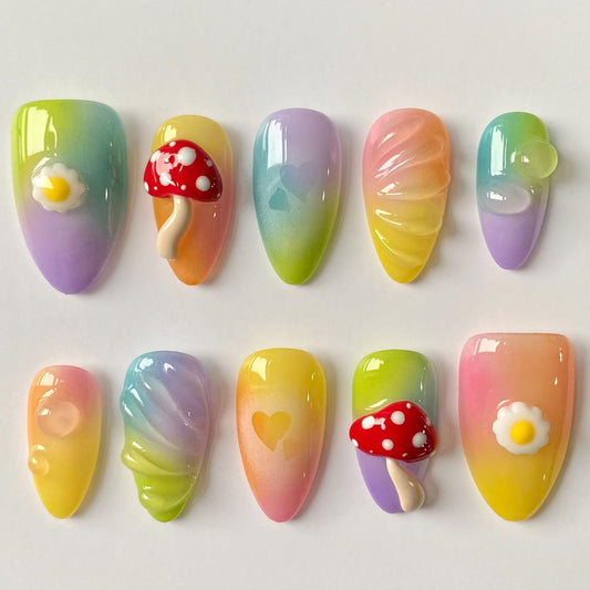 Handmade Press on Nails Short Almond 3D Unique Reusable ABS Material Cute Fake Nails Luxury False Nails with Designs Mushroom Egg Colorful Glossy Glue on Nails Thick Acrylic Nails(S)