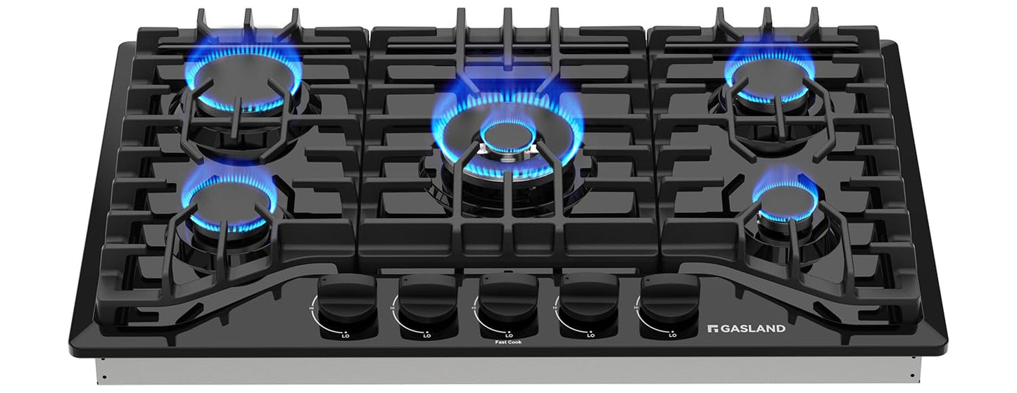 GASLAND 30'' Gas Cooktop Black, 5 Burner Propane Stove Top, Built-in Gas Cooktops NG/LPG Convertible, Plug-in with Thermocouple Protection, CSA Certified, Black