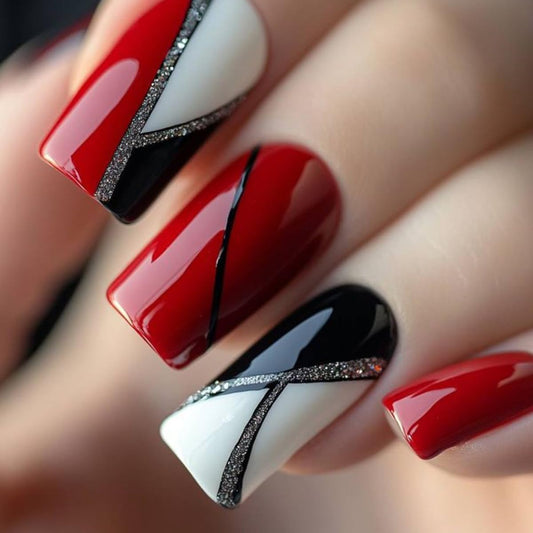plalely Square Press on Nails Medium Red and BlackFake Nails Black and Red Splicing Stick on Nail Tips for Women 24 pcs