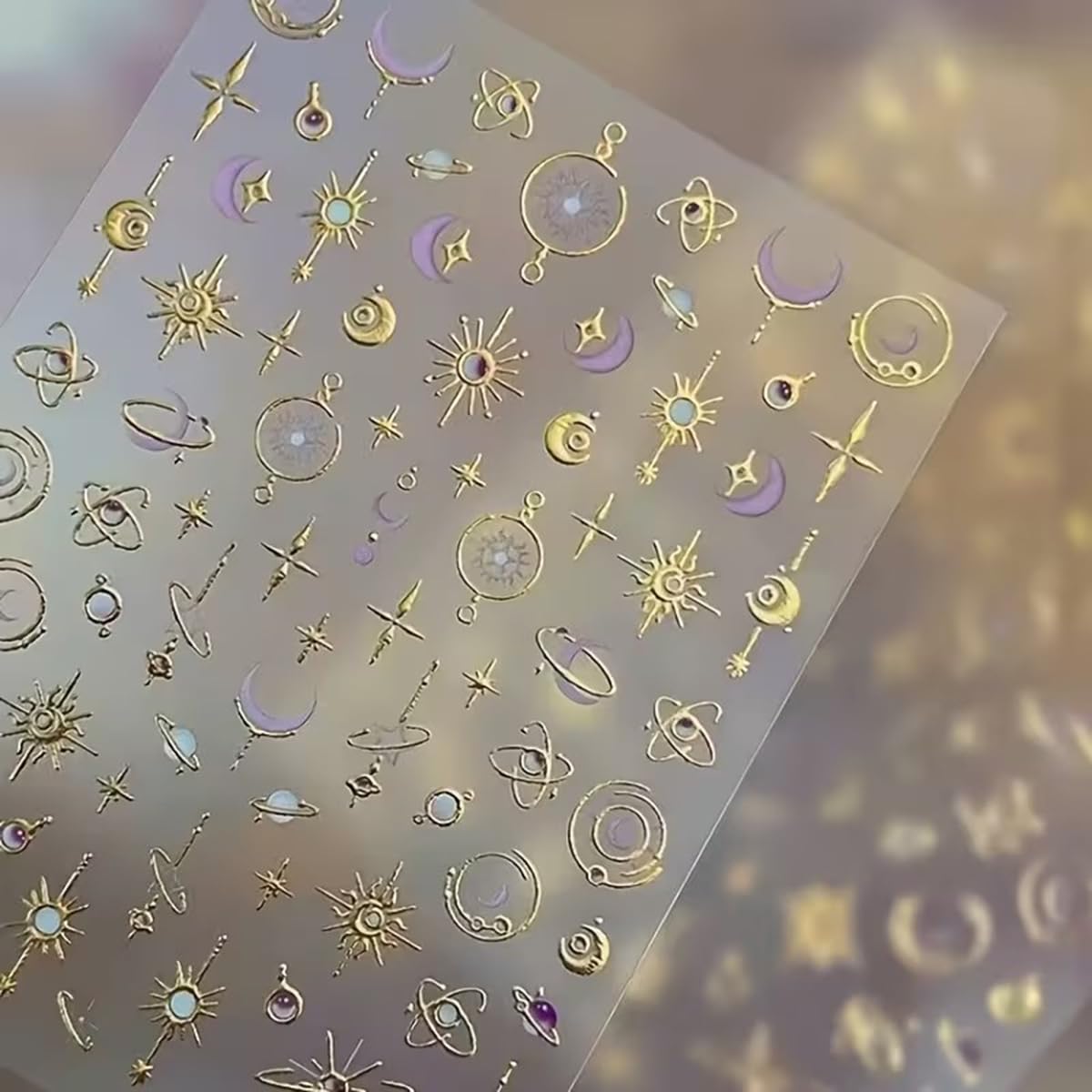 Star Moon Nail Stickers 5D Embossed Golden Planet Nail Art Decals 1PCS Purple& Golden Sun Stars Moons Planets Design 3D Self-Adhesive Nail Art Decorations Supplies Manicure Sliders for Women Girls