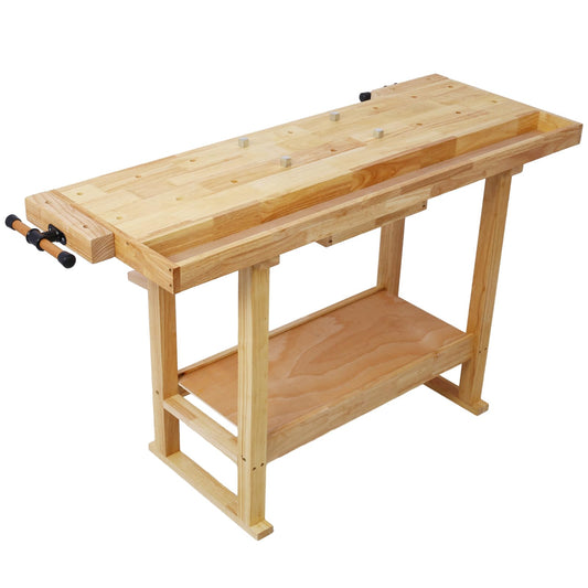 55-Inch Wooden Workbench for Garage and Workshop, Solid Rubber Wood Workbench with Storage Drawer and Adjustable Vise, Heavy Duty Work Table for Home Projects