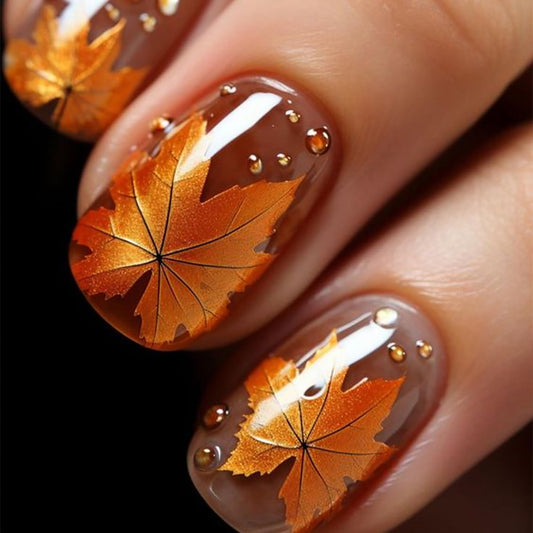 Thanksgiving Press on Nails Short Length Maple Leaves Square Brown French Acrylic Reusable Full Cover Glossy Coffin Fall Glue on Festival 24Pcs