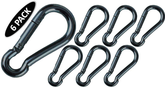 Branded Boards Black & Silver Zinc-Galvanized Heavy Duty Bushcraft Carabiner Spring Snap Clip Link Hooks 200-500lb Load 2, 6 & 12 Packs (Black-5cm-6 Pack)