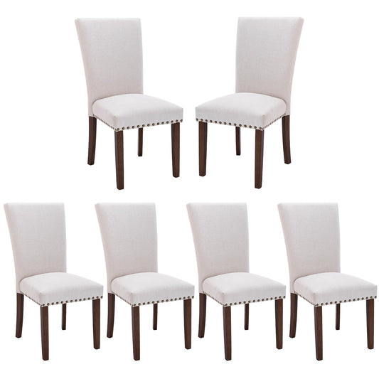 COLAMY Upholstered Fabric Dining Chairs Set of 6, High Back Padded Chairs with Nailed Trim & Solid Wood Legs, Classic Parsons Chairs Side Chair for Home/Kitchen/Living Room-Beige