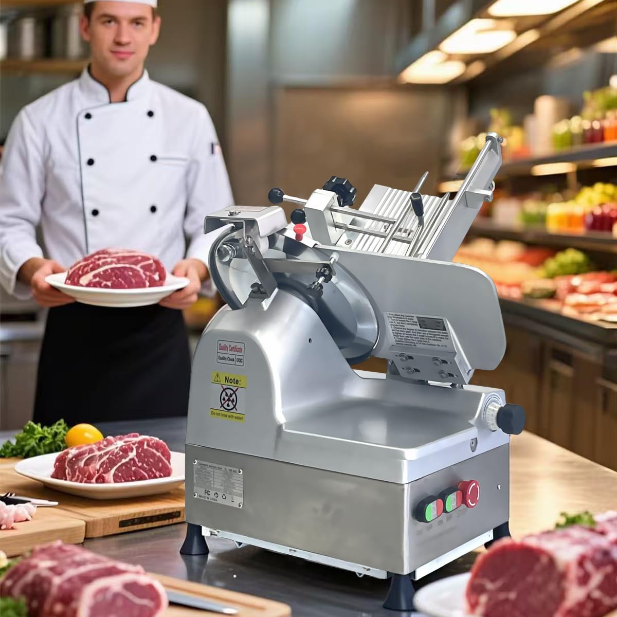 CMICE Automatic Commercial Meat Slicer, 550W Automatic Meat Slicer with 11.8" Carbon Steel Blade, Adjustable Thickness From 0～6 mm Suitable for Commercial/Home Use