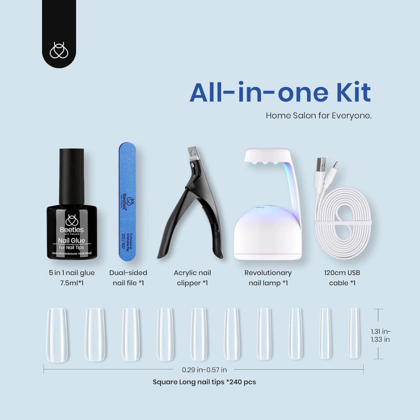 Beetles Gel Nail Kit Easy Extension Set, 240 PCS Long Square Gel Nail Tips Full Cover With 5 In 1 Nail Glue Base Gel and Innovative Uv Led Lamp Easy DIY Gift for Women