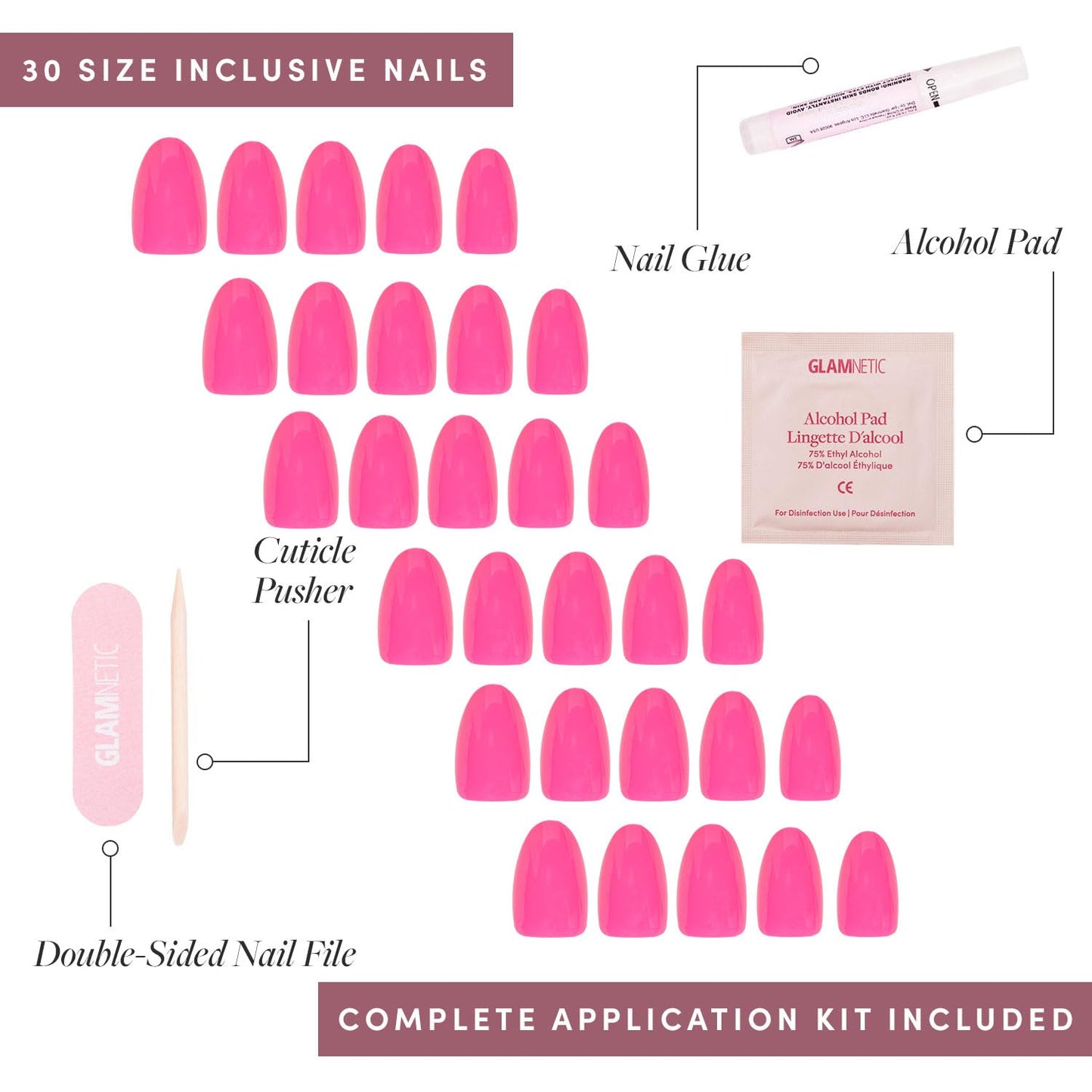Glamnetic Press-On Nails Bundle - Hot Pink, Goal Digger & Hailey | Neon Pink Short Oval Fake Nails | Natural Short Round False Nails with Gold Foil | Glazed Short Almond False Nails