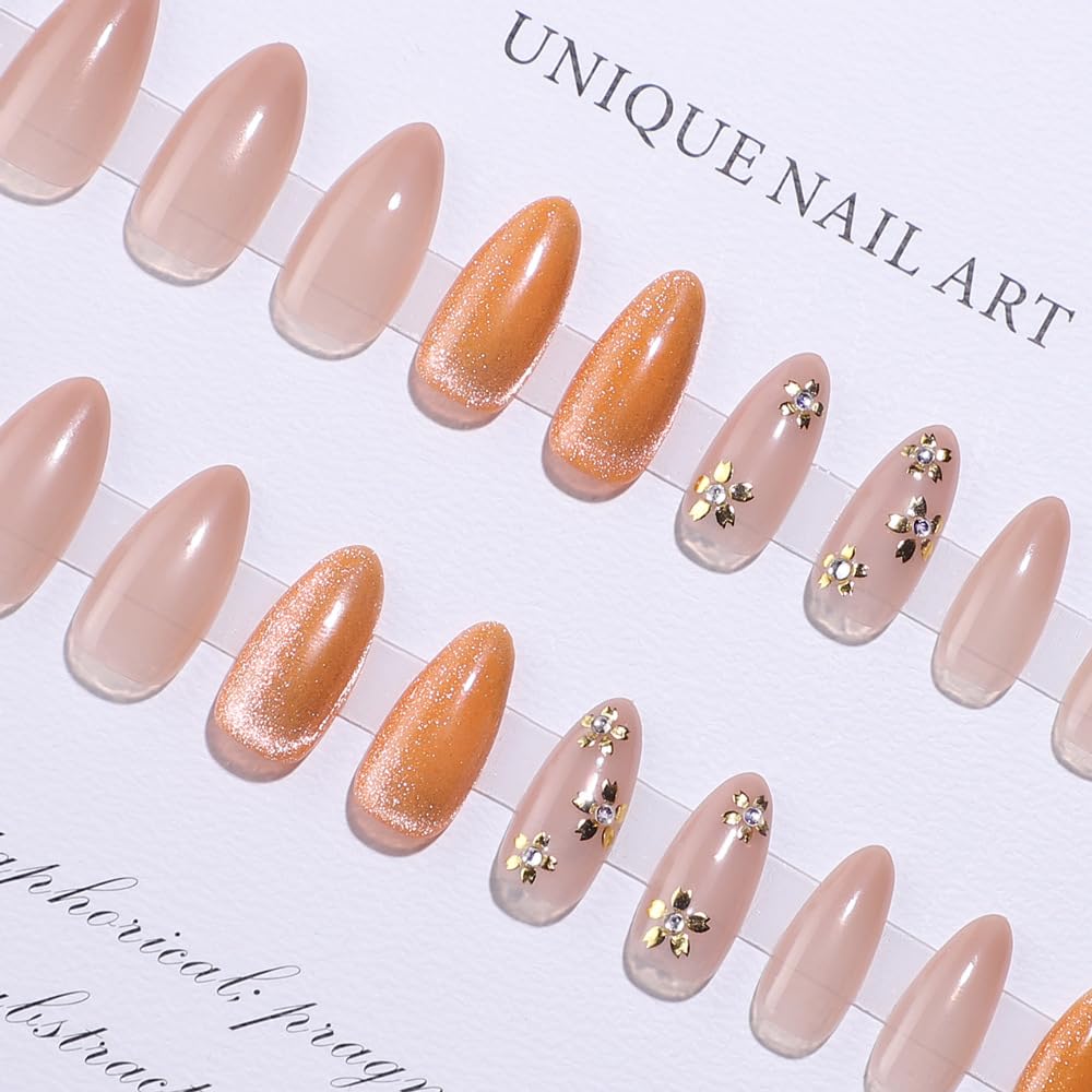 Nude Press on Nails Medium Almond Fake Nails Spring Nails Press ons with Flowers Design Glossy Full Cover Glue on Nails Artificial Stick on Nails for Women Manicure 24Pcs