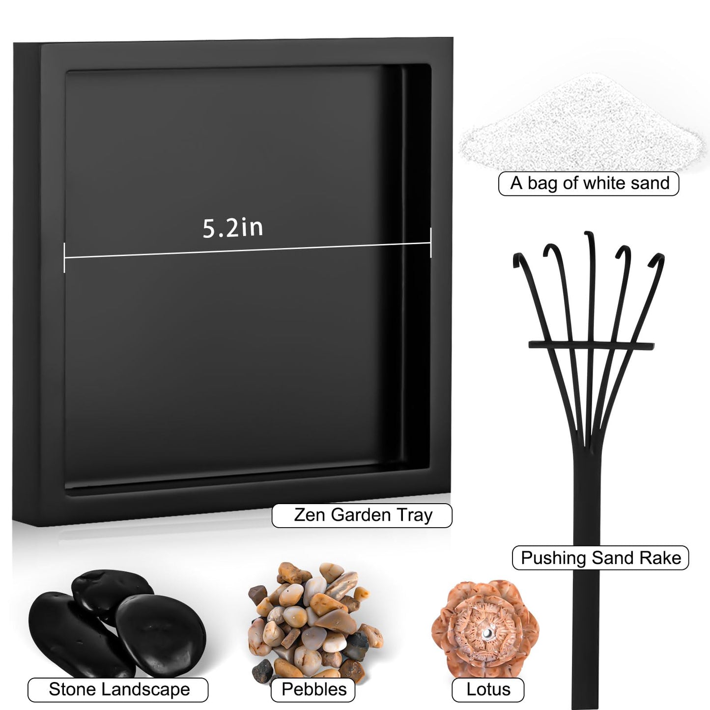Mini Zen Garden Kit for Desk 6x6 inch with Wooden Lotus Flower, 3 Zen Stones, Pebbles, Home Office Desk Decorations (Wooden Lotus Flower)