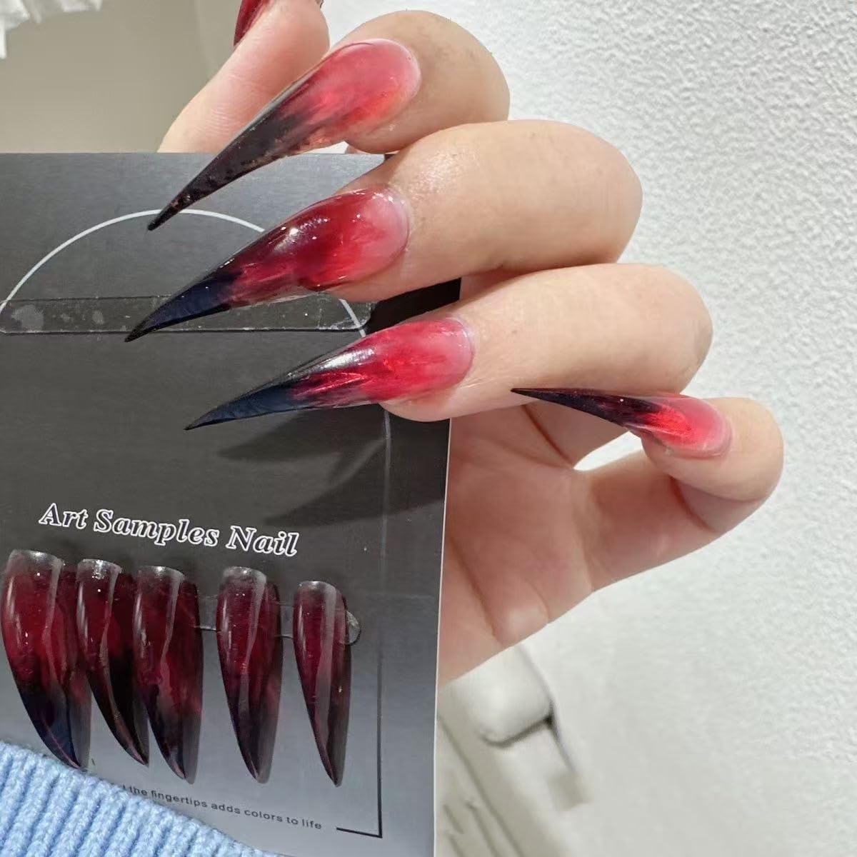 Handmade Press on Nails Long Fake Nails Bloody Black Red Gradient 3D Eagle Claw Design Thickened Goth Acrylic False Nail Long Curved Stiletto Full Cover Eagle Claw Art Glue on Nail for Women（Size M）