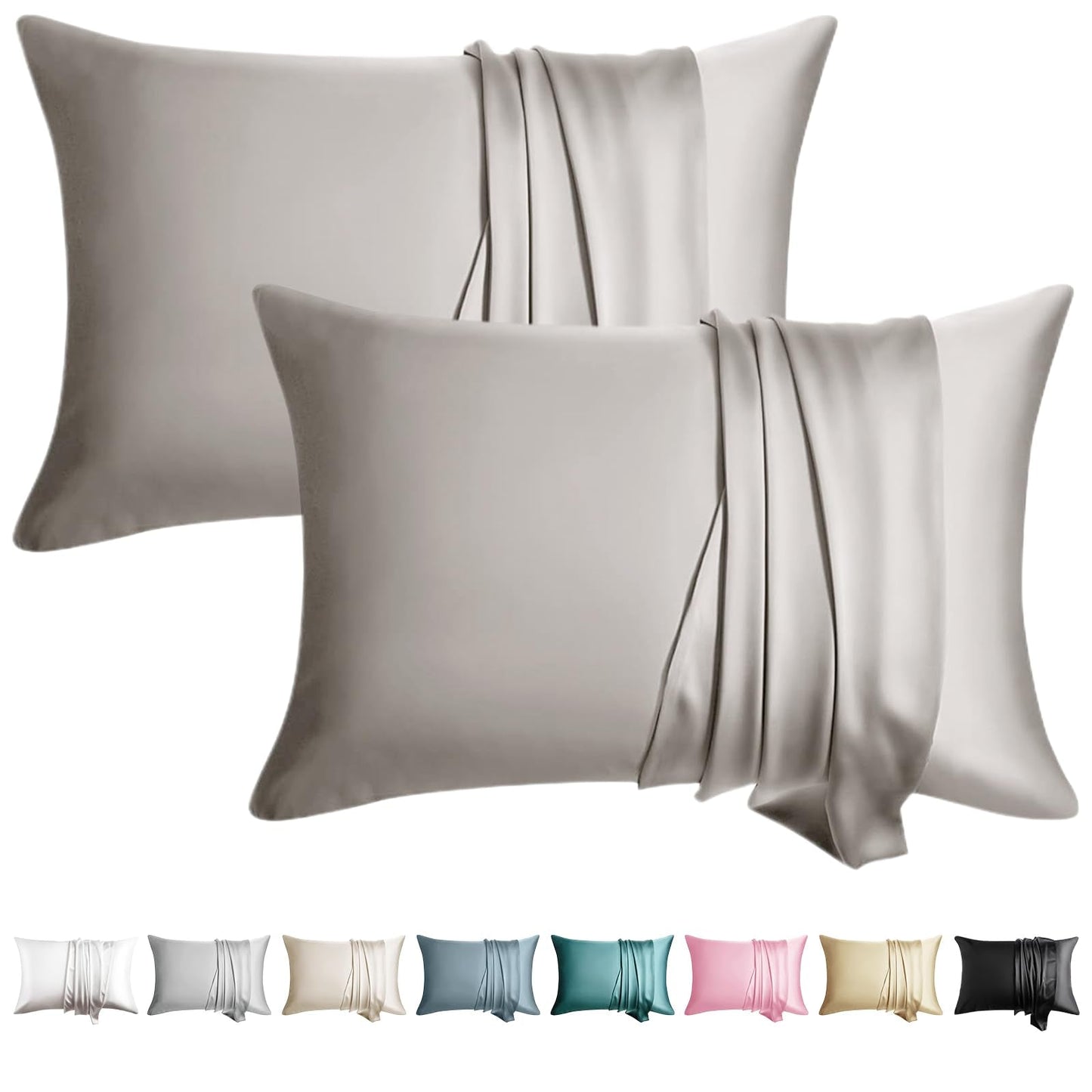 100% Silk Pillow Cases 2 Pack King Size Mulberry Silk Pillowcase for Hair and Skin Set of 2 Highest Grade 6A Silk Soft Breathable Cooling with Hidden Zipper, Taupe
