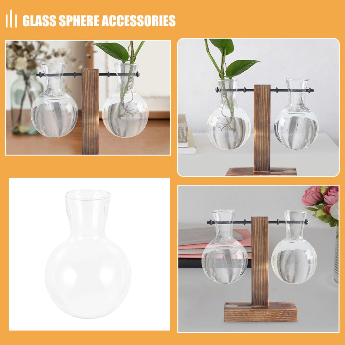 MINAOLULUS 3pcs High Borosilicate Glass Plant Pot with Wood Stand, Desktop Propagation Vase for Hydroponic Plants and Flowers, Glass Terrarium Planter for Home Décor