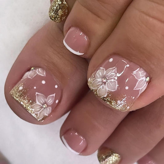 French Tip Press On Toe Nail for Women Fake Toenail with Flower Gold Glitter Rhinestones Designs Glossy Fashion False Toenail Full Cover Acrylic Nails Art DIY Foot Nail Design Toenail Tips 24Pcs