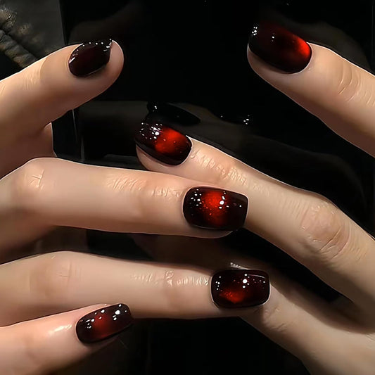 HOSAILY Black Red Cat Eye Press on Nails Short Square Cherry Christmas Fake Nails with Shimmer Design, 24pcs Glossy Soft Gel Glue on Nail Coffin, Salon Quality Stick on Nail Winter Press Ons for Women