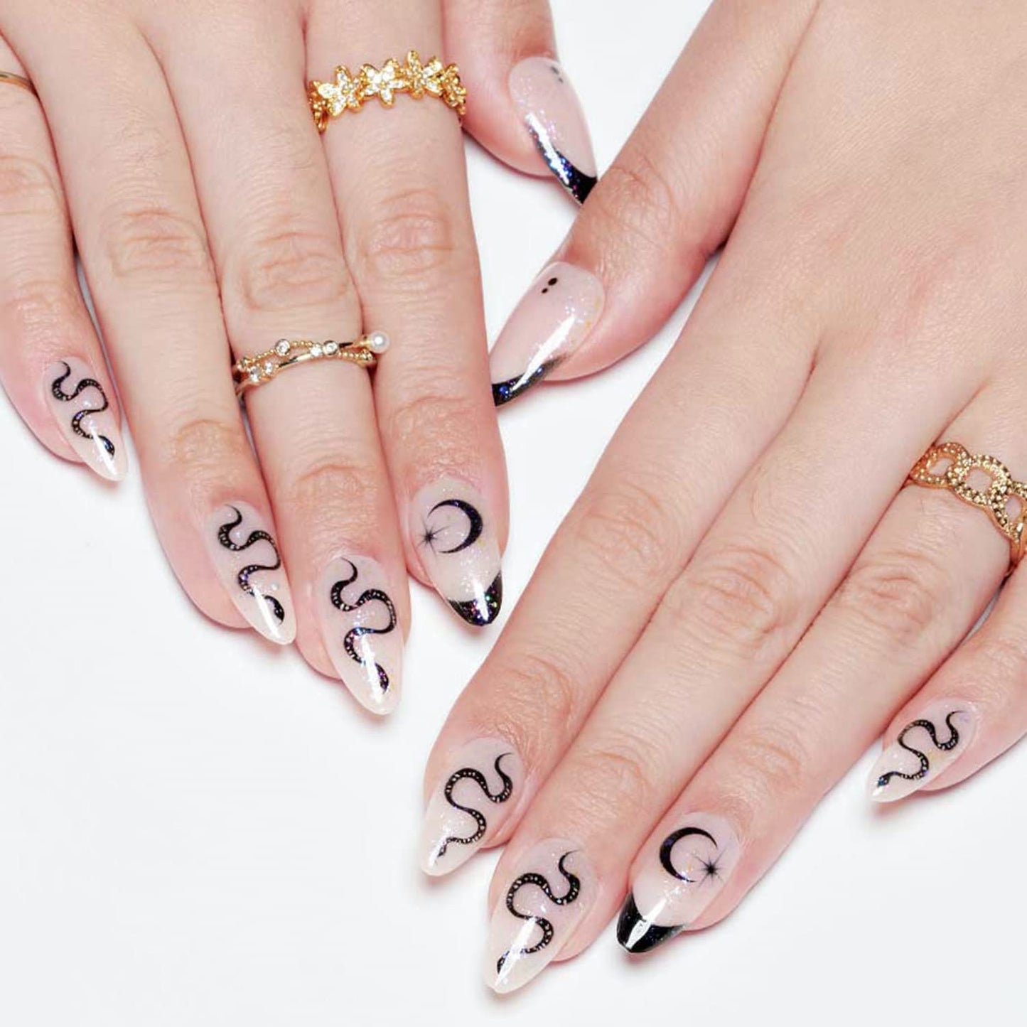 GLAMERMAID White Press on Nail Medium Almond, Natural White Crush Nail, Stiletto Fake Nail with Glitter Snake Design, Short Oval Stick Glue on Nail Tips for Women, Reusable Acrylic False Nail Kit