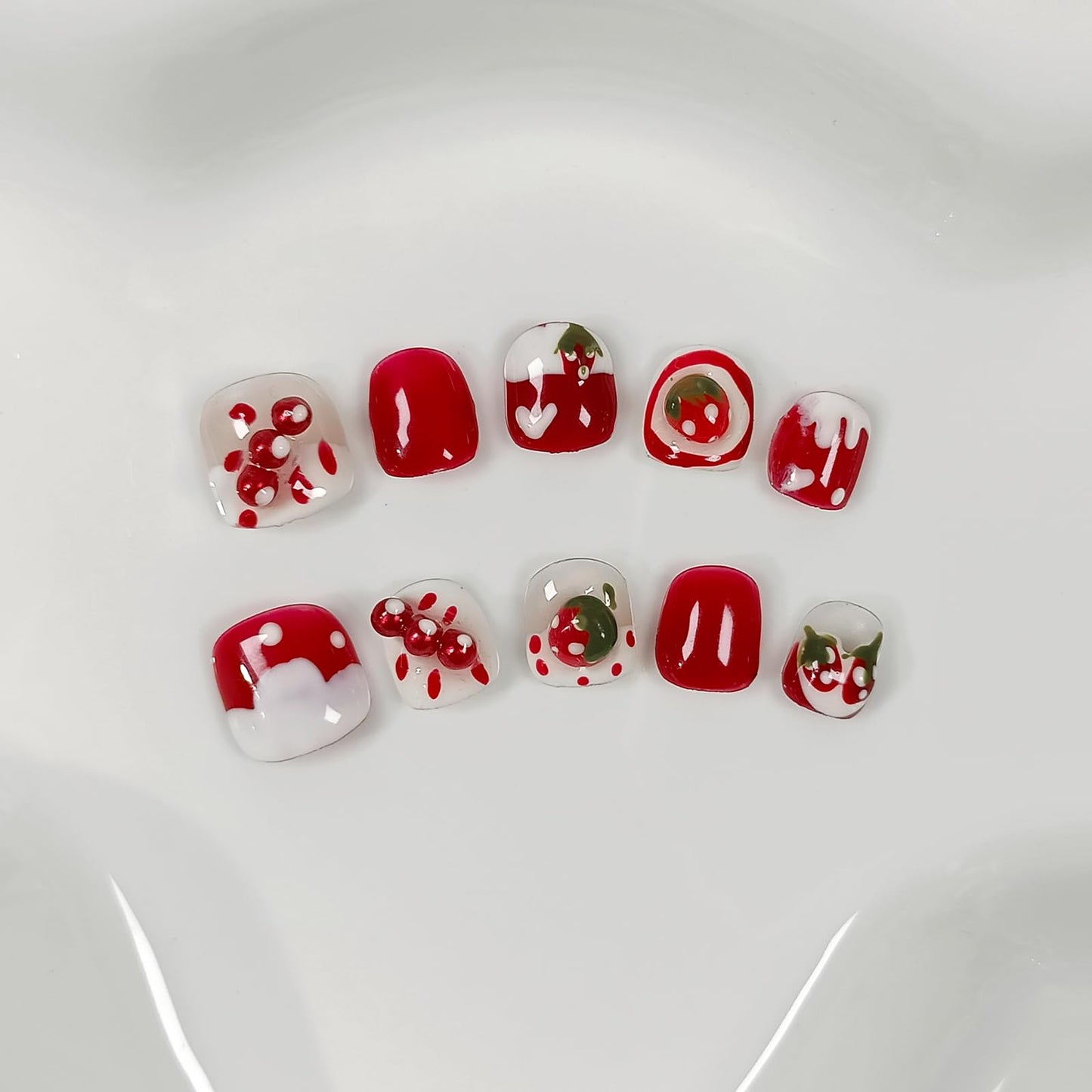TENPAL Handmade Press on Nails for 3-12 Year Olds Girls,Resuable Gel Fake Nails with Tools for Children,Cute Nails with Lovely Strawberry Designs,Short Nails for Girls Kids Nail Art 10pcs Size(XS)