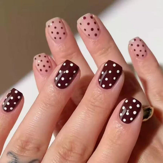 Square Press on Nails Short Pink Deep Coffee Glossy Fake Nails with Spot Design Full Cover Winter Stick on False Nails for Women 24 Pcs