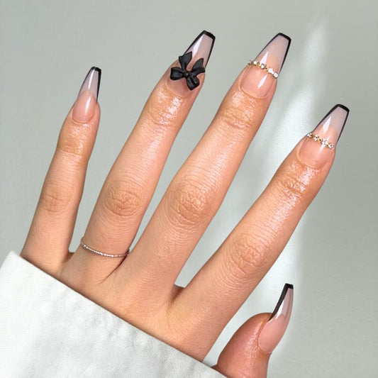 PerfectLook Press On Nails - Bow French | No Glue One-Day Long Coffin Nails, Black French Nude Nails with 3D Bow - 24 Pcs Nail Kit with Adhesive Tabs