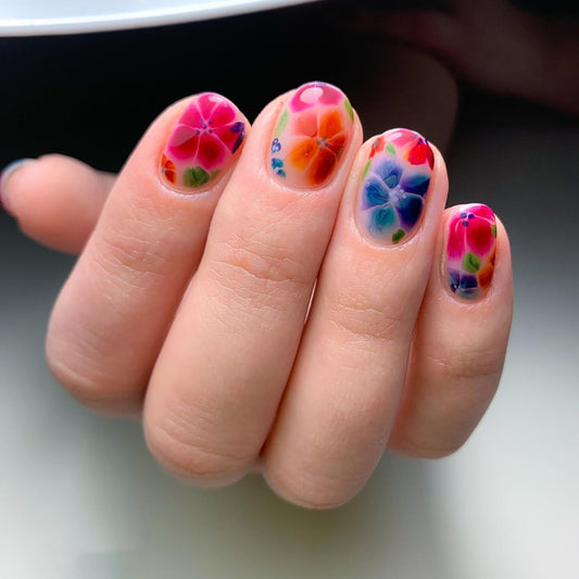 Press on Nails Almond Nails Colourful Flower Design Short Press Ons Nude Pink Fake Nails Exter Short Press on Nail Glossy False Nailsr for Women Reusable Acrylic Nails 24 Pcs