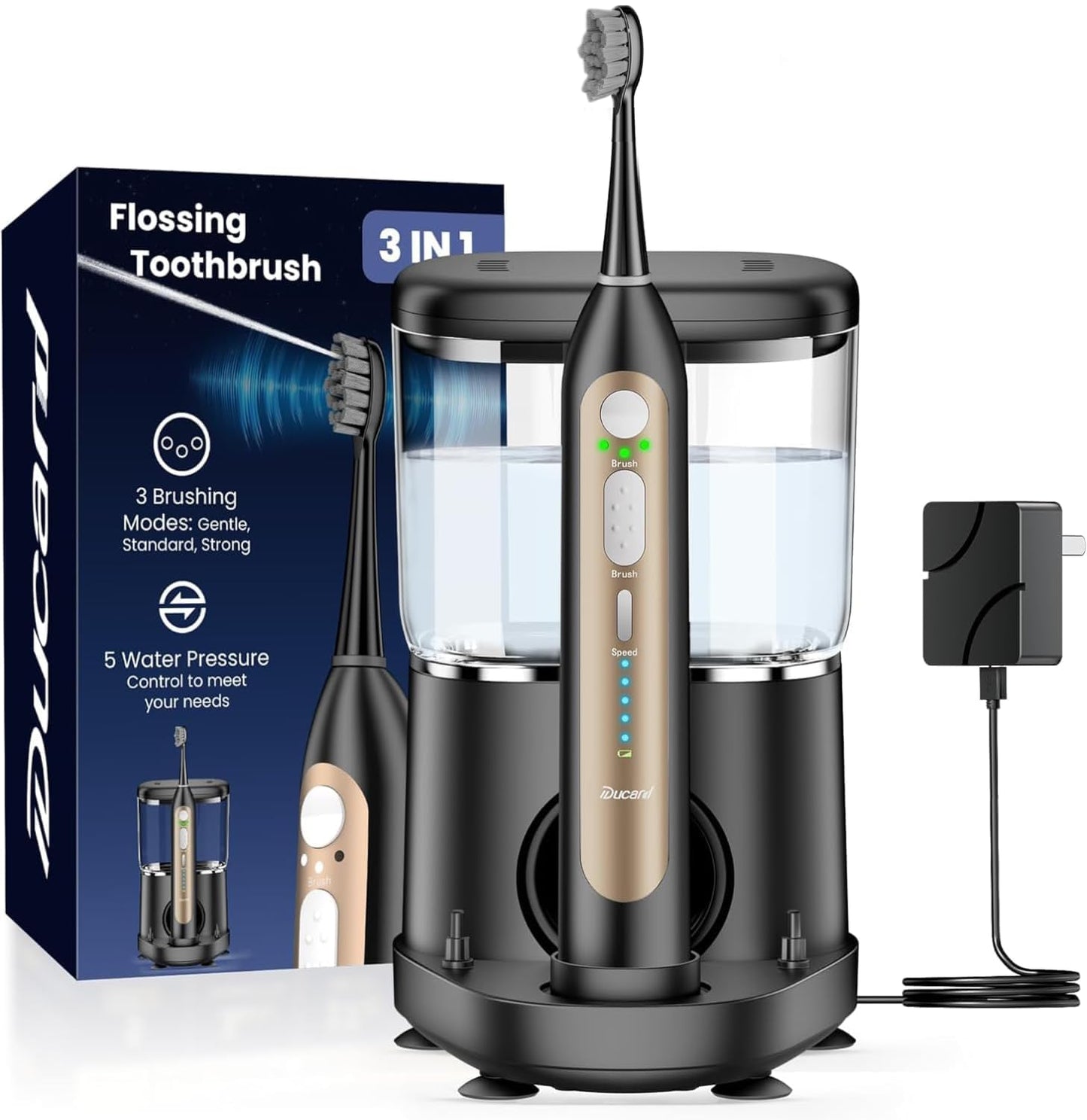 Electric Toothbrush with Water Flosser, Upgrade Flossing Toothbrush Combo with 3 Brush, 5 Floss Speeds& 3 Brush Modes, 500mL Tank, 30-Day Battery, for Adults & Teens, Gums, Braces-Black