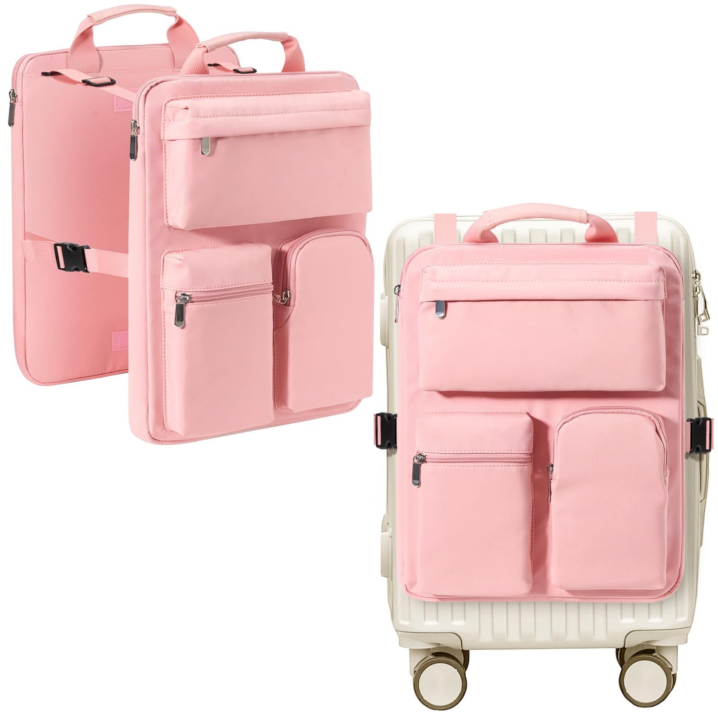 MIAOJIE Over Luggage Organizer Bag for Suitcase with Multi Pockets, 16” Laptop Bag with Handle,Portable Travel Organizer Bags for Luggage with Adjustable Straps,Tote Carry Bag for Women Men(Pink)