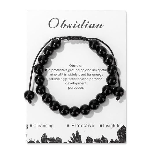 Lit Wall Black Obsidian Bracelet 8mm Adjustable Crystal Beaded Bracelet Natural Stone Bracelet Crystals and Healing Stones Bracelet for Women Men