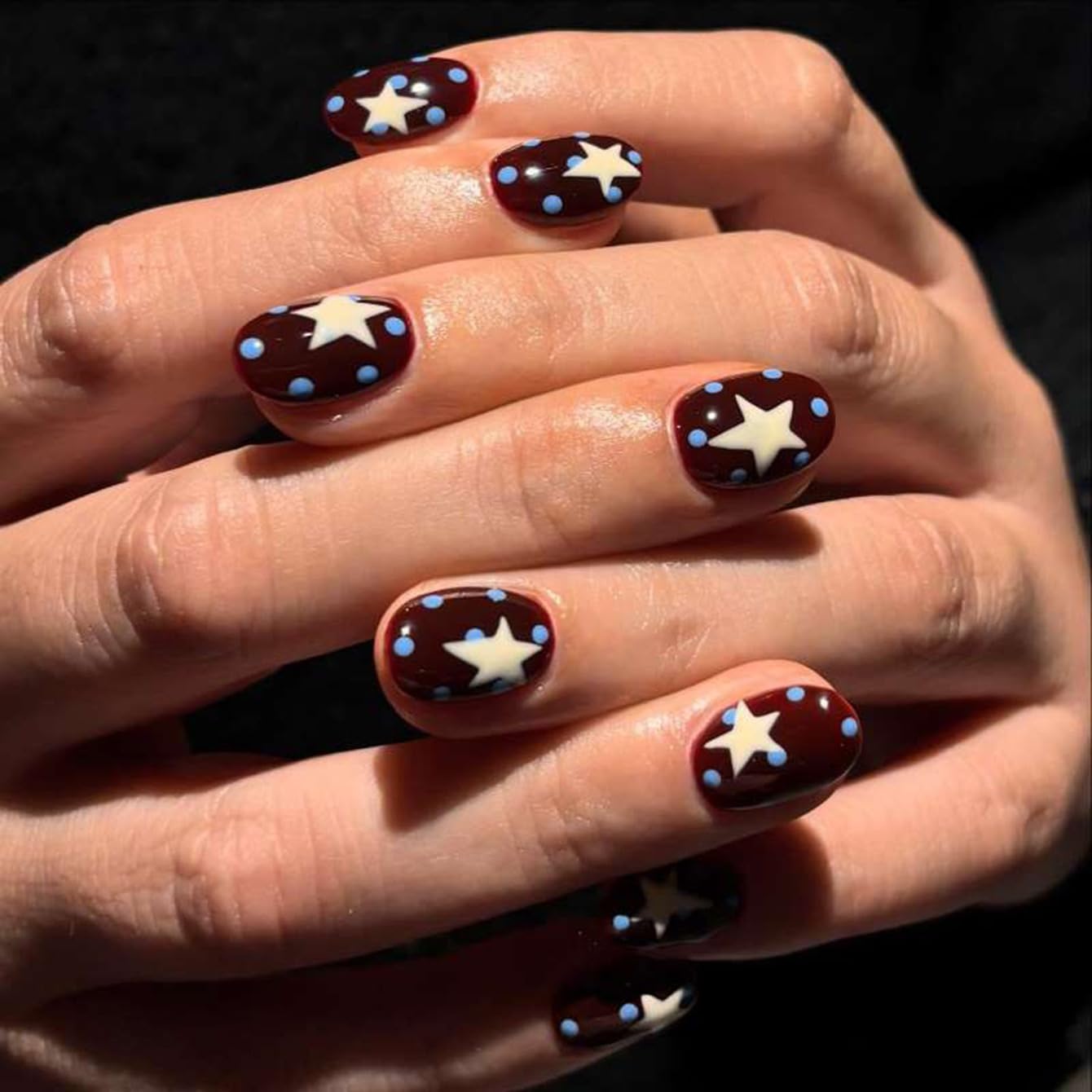 CTTHNBD Short Press on Nails Round - Dark Blue Fake Nails with Star Spot Design - Independence Day False Nails for Women - 24 Pcs