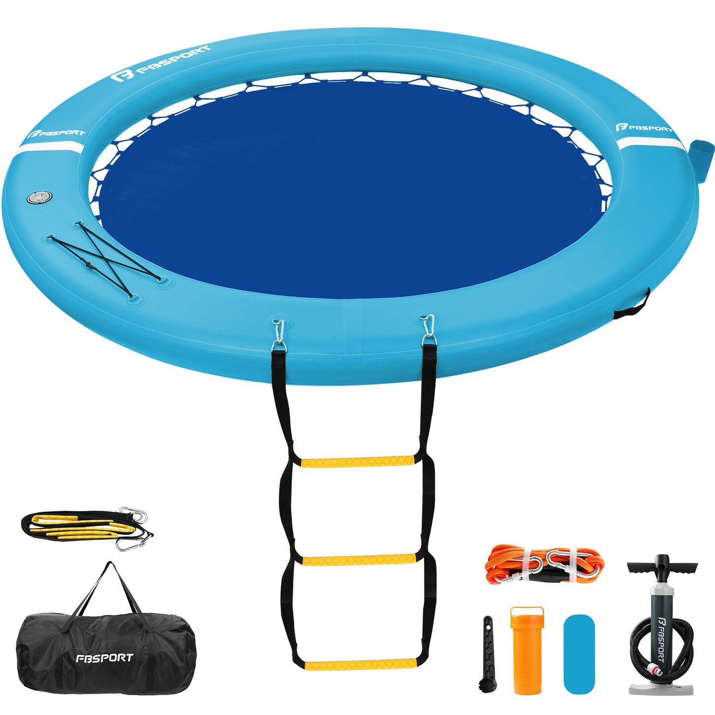 FBSPORT Inflatable Water Hammock Round Floating Ring, 8ft Inflatable Dock Floating Platform for Lake W/Cupholder, Sun Float Chill Raft Float Ring Tanning Pool Lounger Island Platform Pad, Blue