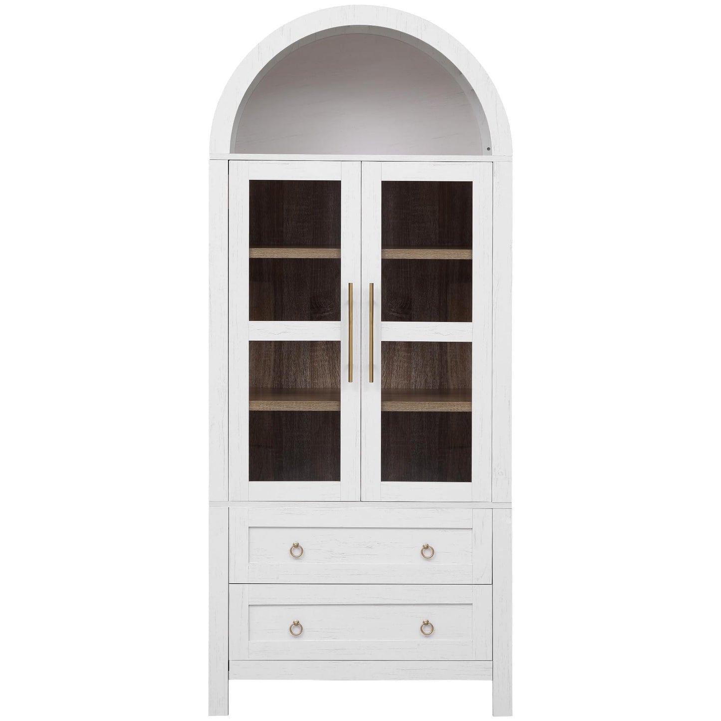 Erteliza 71" Farmhouse Arched Storage Cabinet with Glass Doors, Tall Arched Cabinet with Drawer, Adjustable Shelves & Door Racks, Modern Kitchen Pantry Cupboard, White