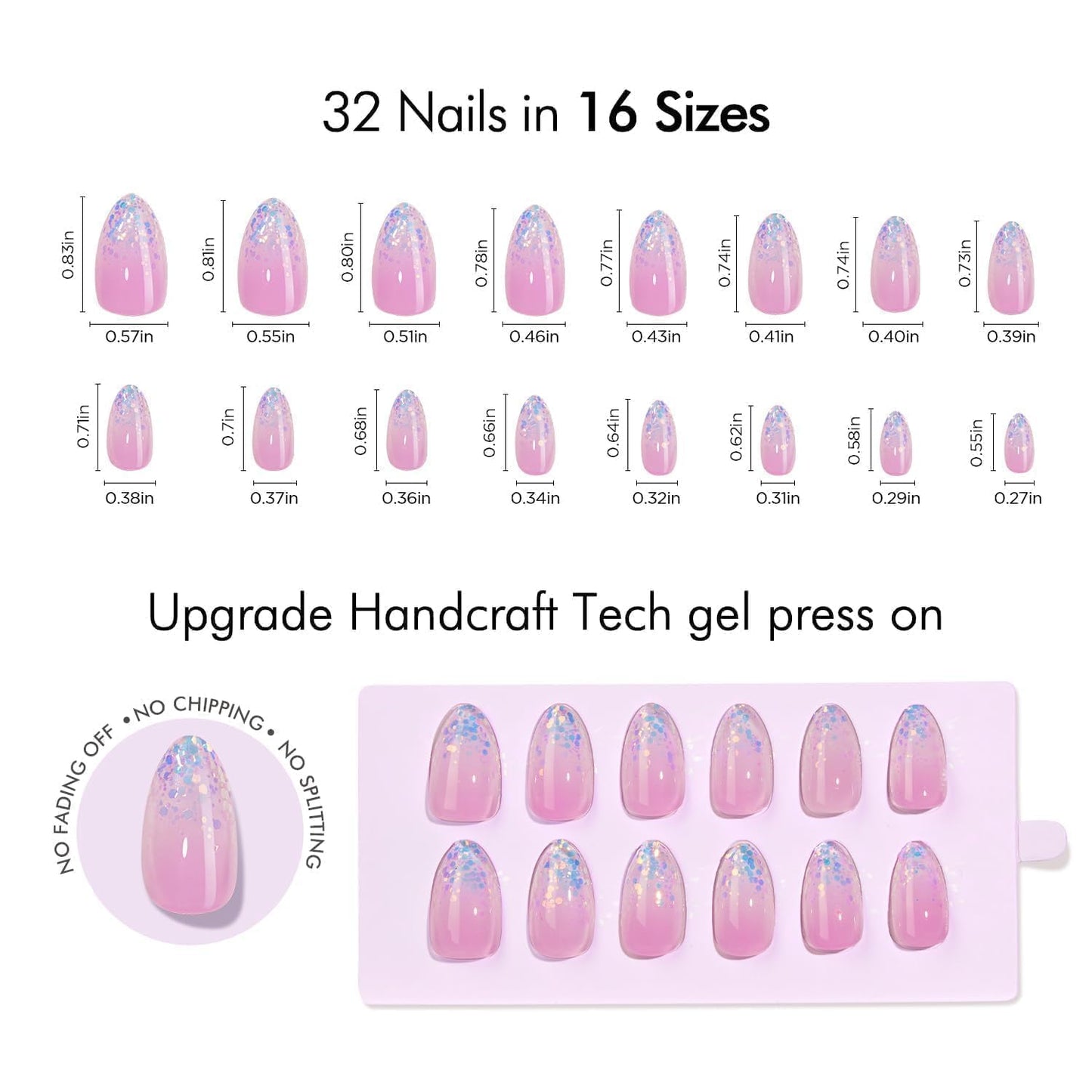 VSALON Almond Short Press On Nails, Summer Pastel Pinky Purple Ombre Blue Sparkle Confetti Sheer False Nails, Reusable Soft Gel Fake Nails with Glue & Cuticle Oil - 32 PCS in 16 Sizes