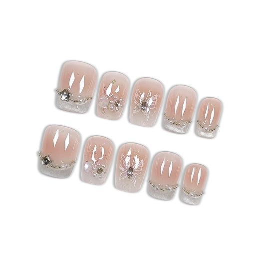 Hantyer Handmade Press On Nails Short Square,Acrylic French Crystal Cat Eye & Chain Pearl Butterfly Design Fake Nails,Cute Korean Pink False Nails 10PCS with Tools Kit for Women Daily (Size L)
