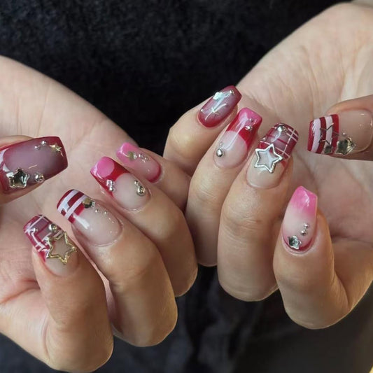 plalely Square Press on Nails Medium Pink Fake Nail 3D Star Charms with Stripes Acrylic Nail Press ons Y2K Style Stick on Nail for Women 24pcs